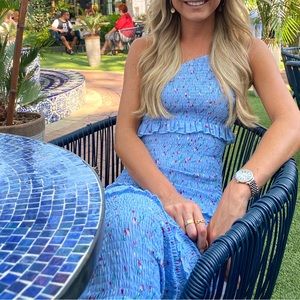 Like new blue floral smocked one shoulder midi dress